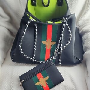 Chic Black and Green Tote with Gold Bee Accent